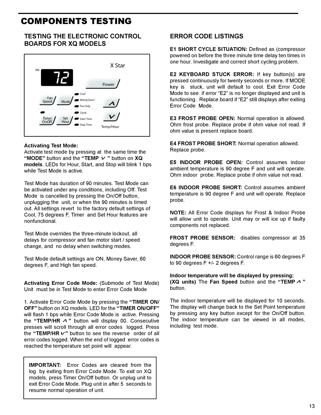 Friedrich R-410A Components Testing, Testing the Electronic Control Boards for XQ Models, Error Code Listings 