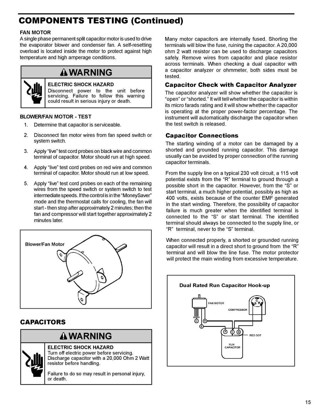 Friedrich R-410A service manual Capacitors, Capacitor Check with Capacitor Analyzer, Capacitor Connections, FAN Motor 