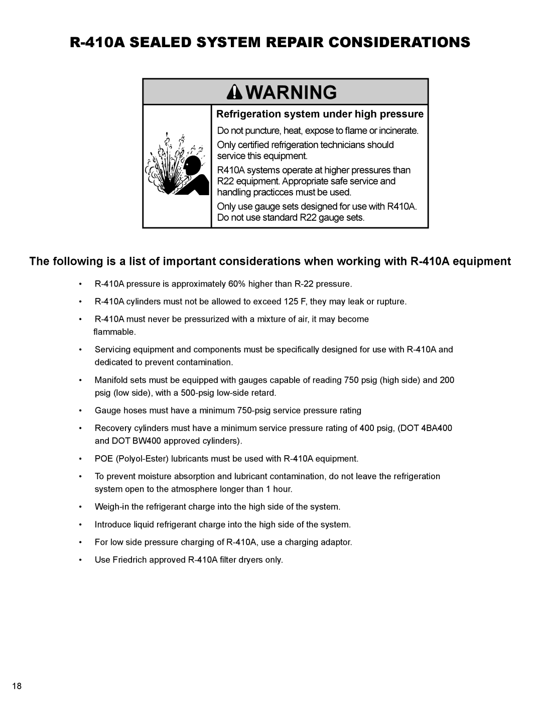 Friedrich R-410A service manual 410A Sealed System Repair Considerations, Refrigeration system under high pressure 