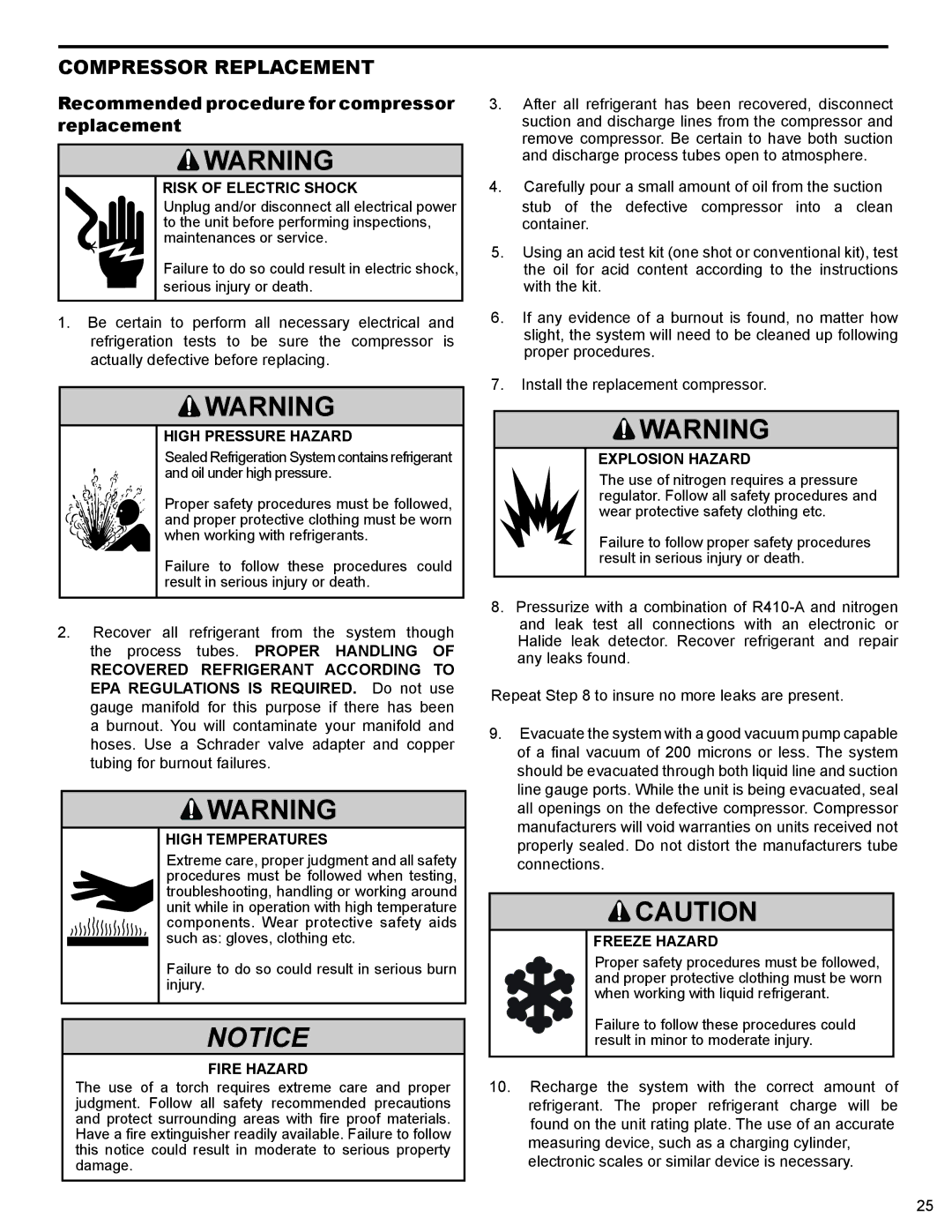 Friedrich R-410A service manual Compressor Replacement, Recommended procedure for compressor replacement, High Temperatures 