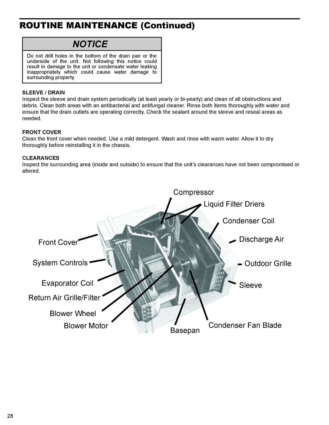 Friedrich R-410A service manual Sleeve / Drain, Front Cover, Clearances 