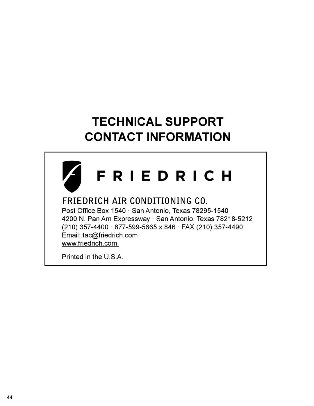 Friedrich R-410A service manual Technical Support Contact Information 