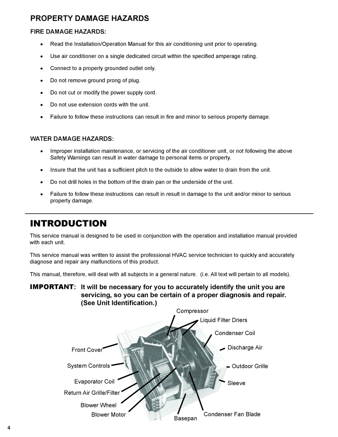 Friedrich R-410A service manual Introduction, Property Damage Hazards 