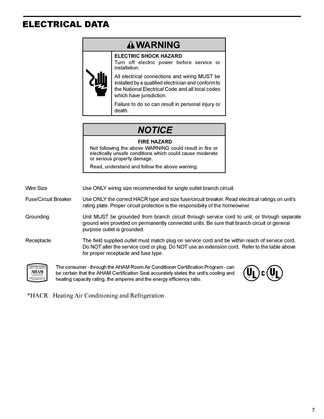 Friedrich R-410A service manual Electric Shock Hazard, Fire Hazard 