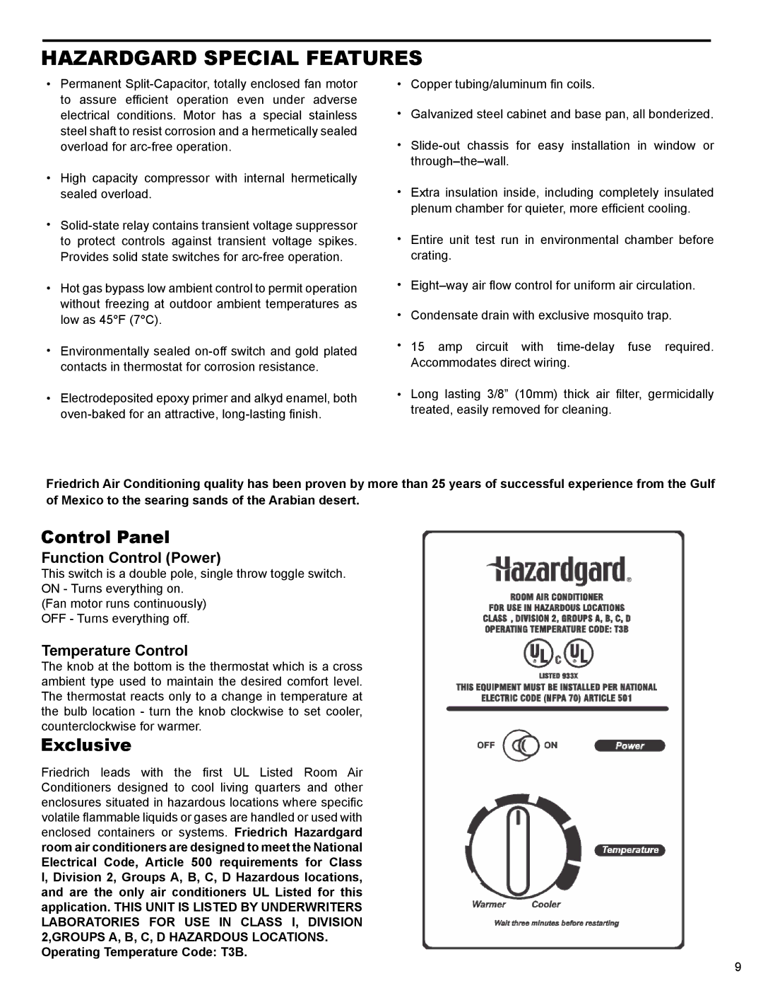 Friedrich R-410A service manual Hazardgard Special Features, Control Panel 