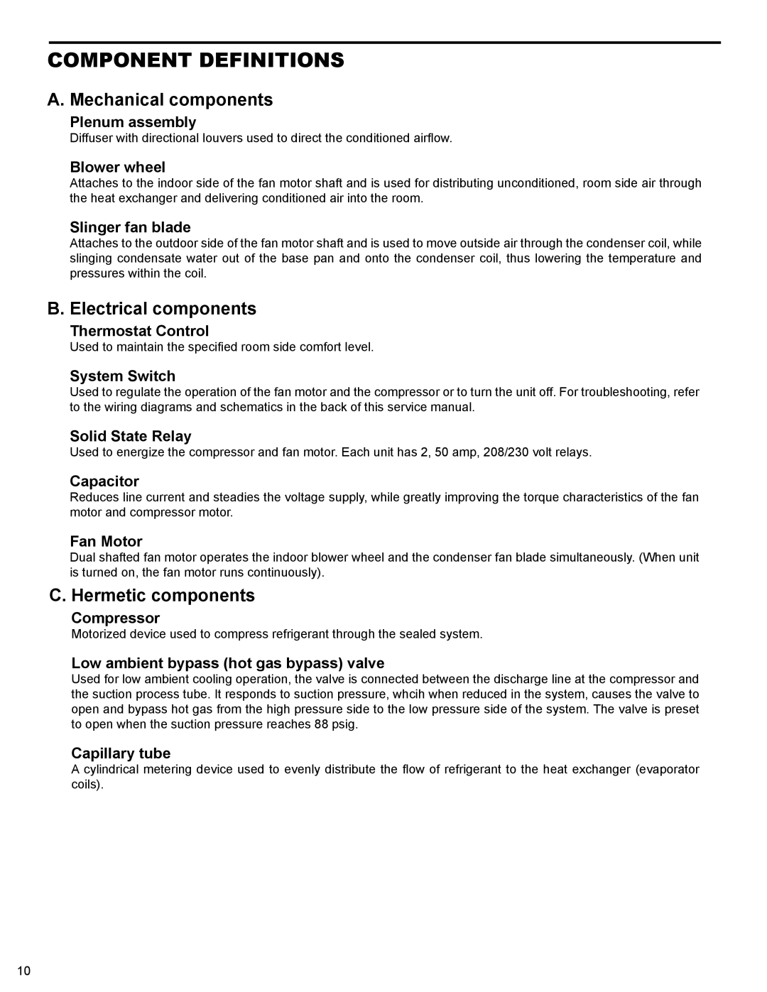 Friedrich R-410A service manual Component Definitions, Mechanical components 