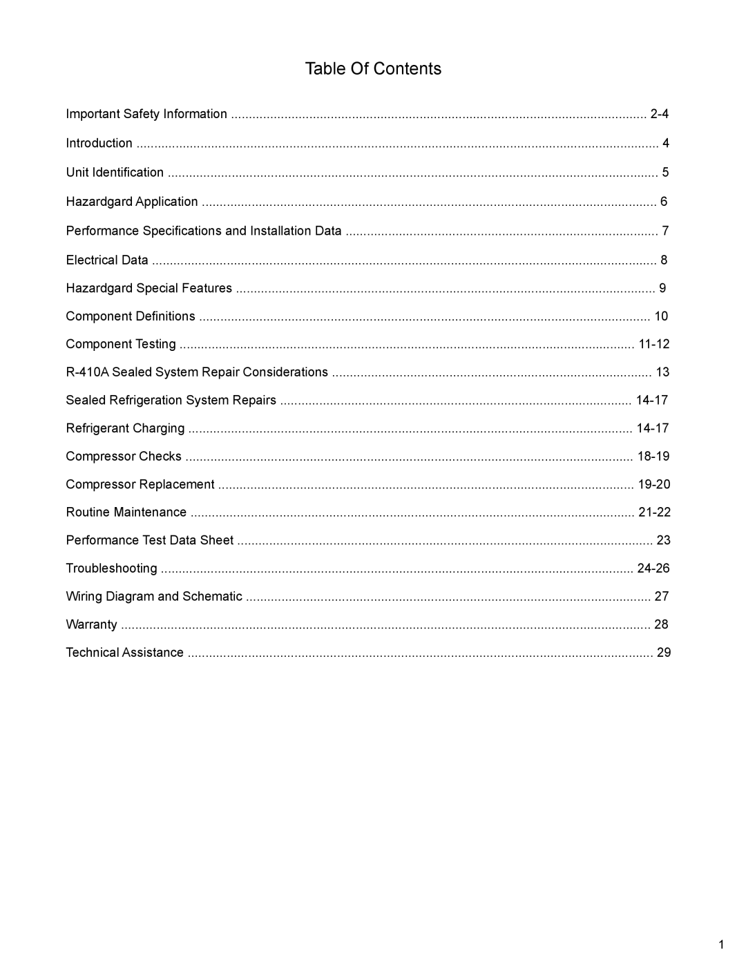 Friedrich R-410A service manual Table Of Contents 