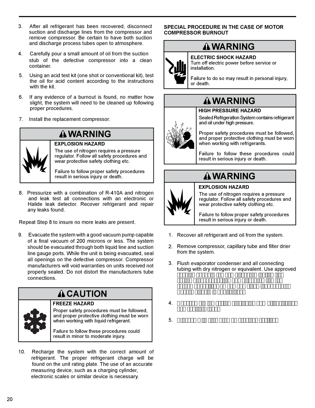 Friedrich R-410A service manual Explosion Hazard, Freeze Hazard 