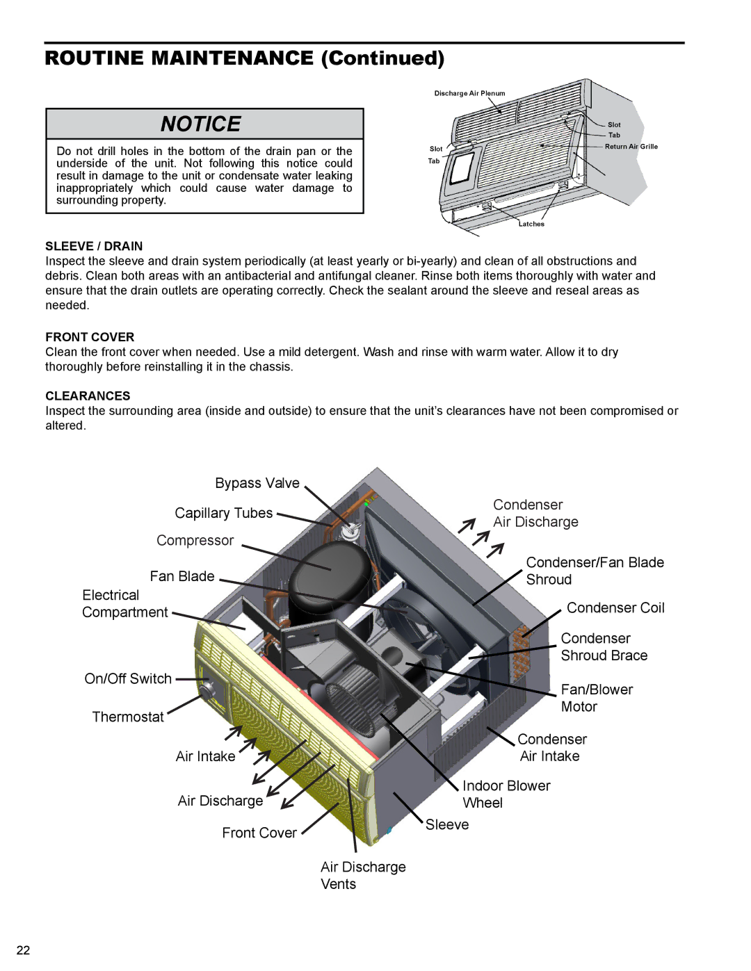 Friedrich R-410A service manual Sleeve / Drain, Front Cover, Clearances 