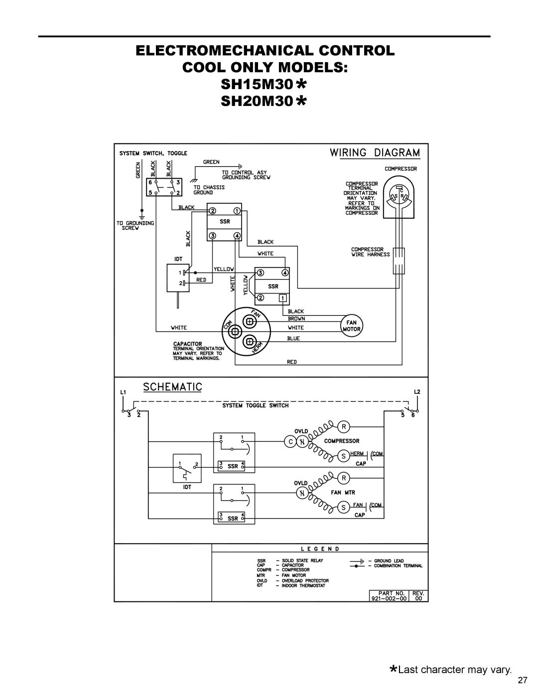 Friedrich R-410A service manual Electromechanical Control Cool only Models, SH15M30 SH20M30 