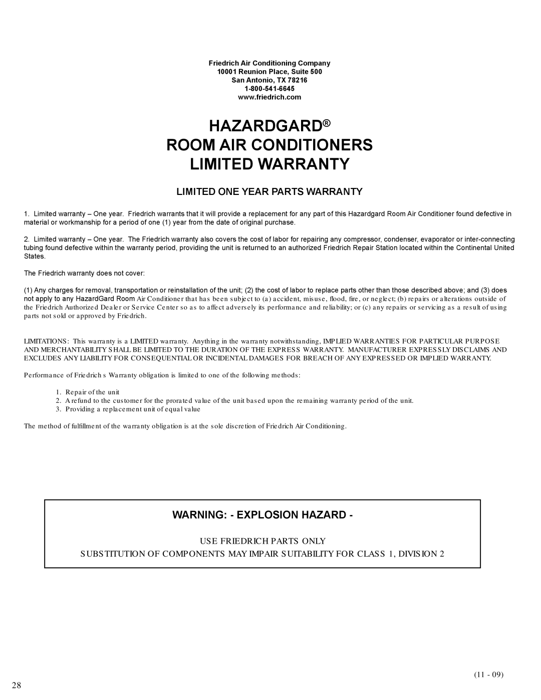 Friedrich R-410A service manual Hazardgard Room AIR Conditioners Limited Warranty, Limited ONE Year Parts Warranty 