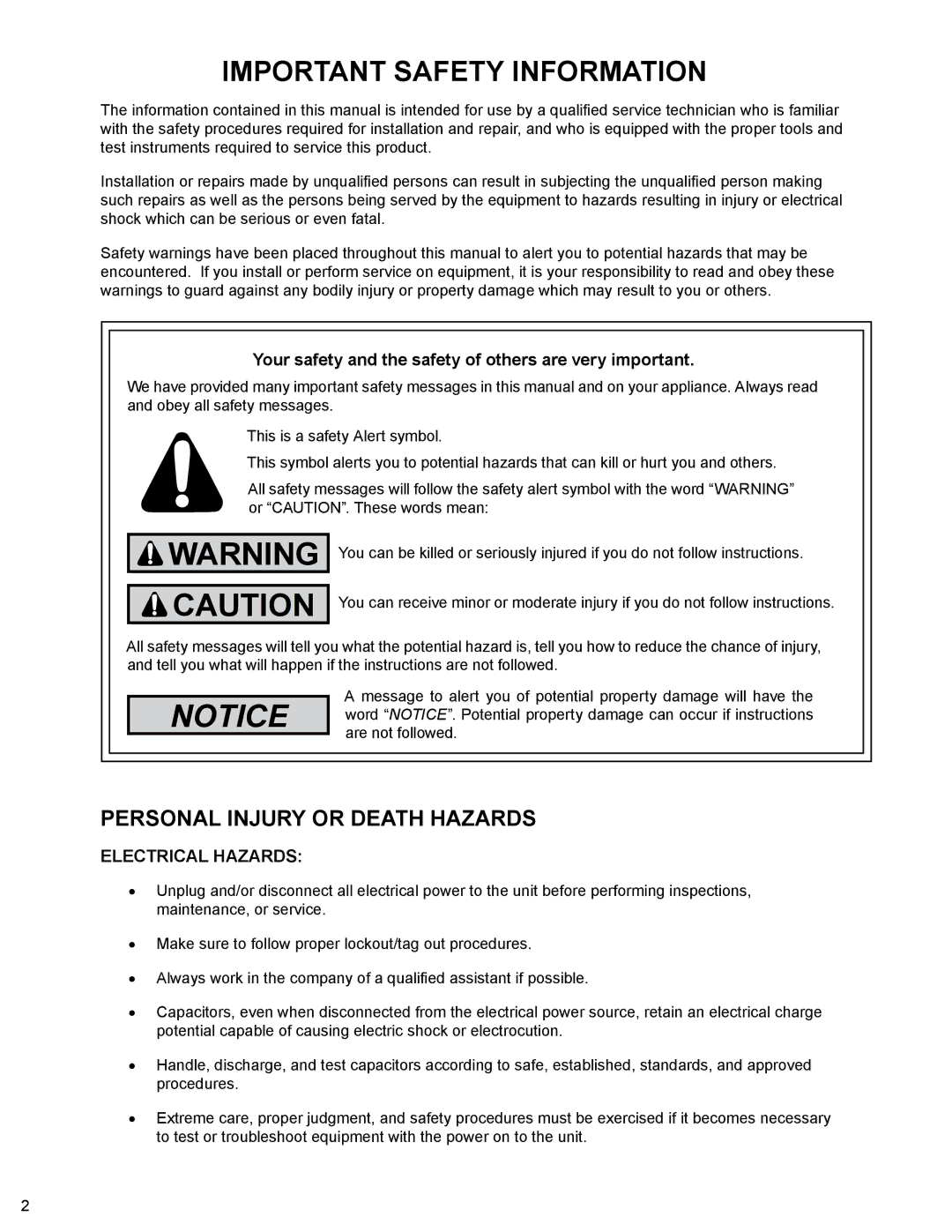 Friedrich R-410A service manual Your safety and the safety of others are very important, Electrical Hazards 