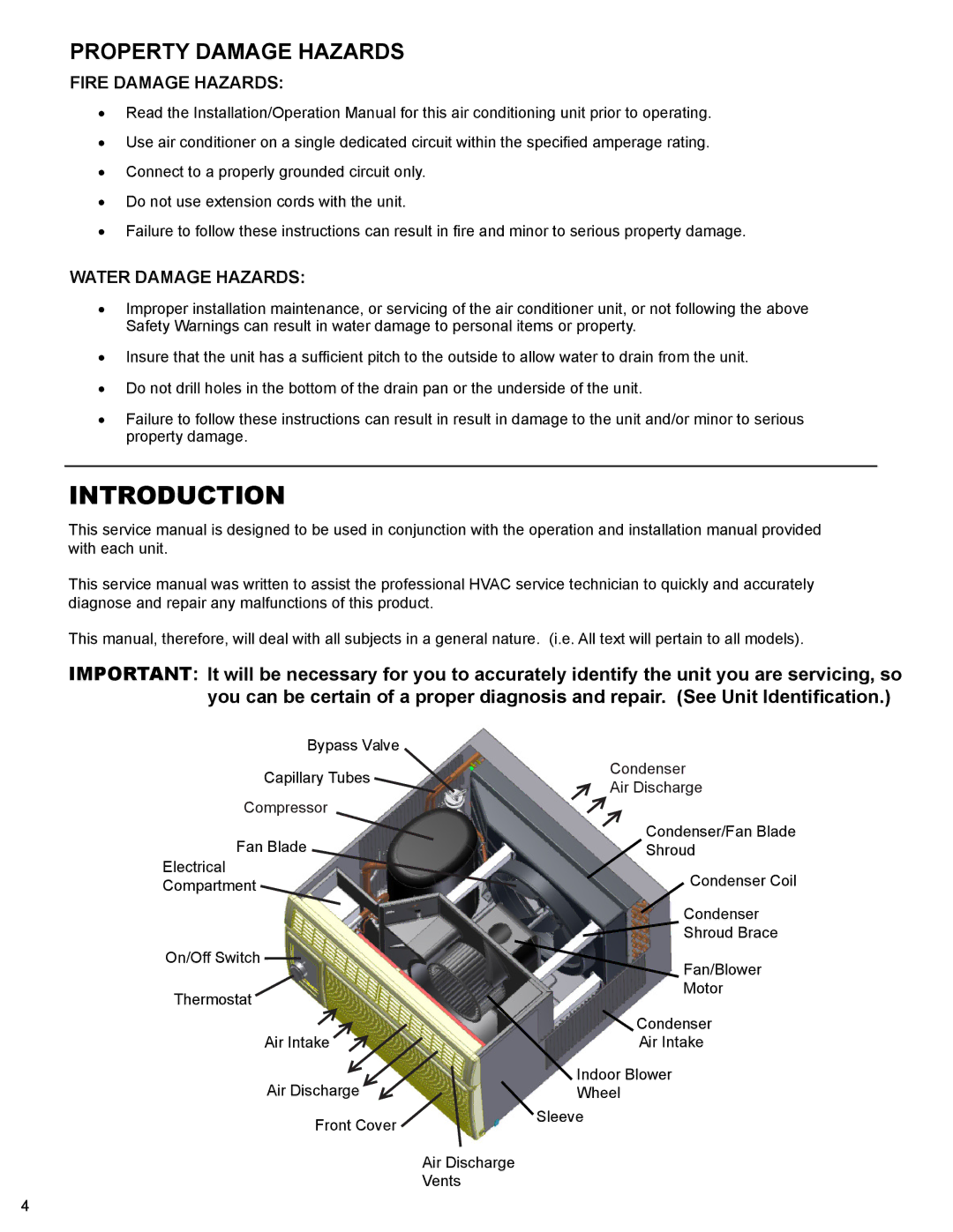 Friedrich R-410A service manual Introduction, Fire Damage Hazards, Water Damage Hazards 