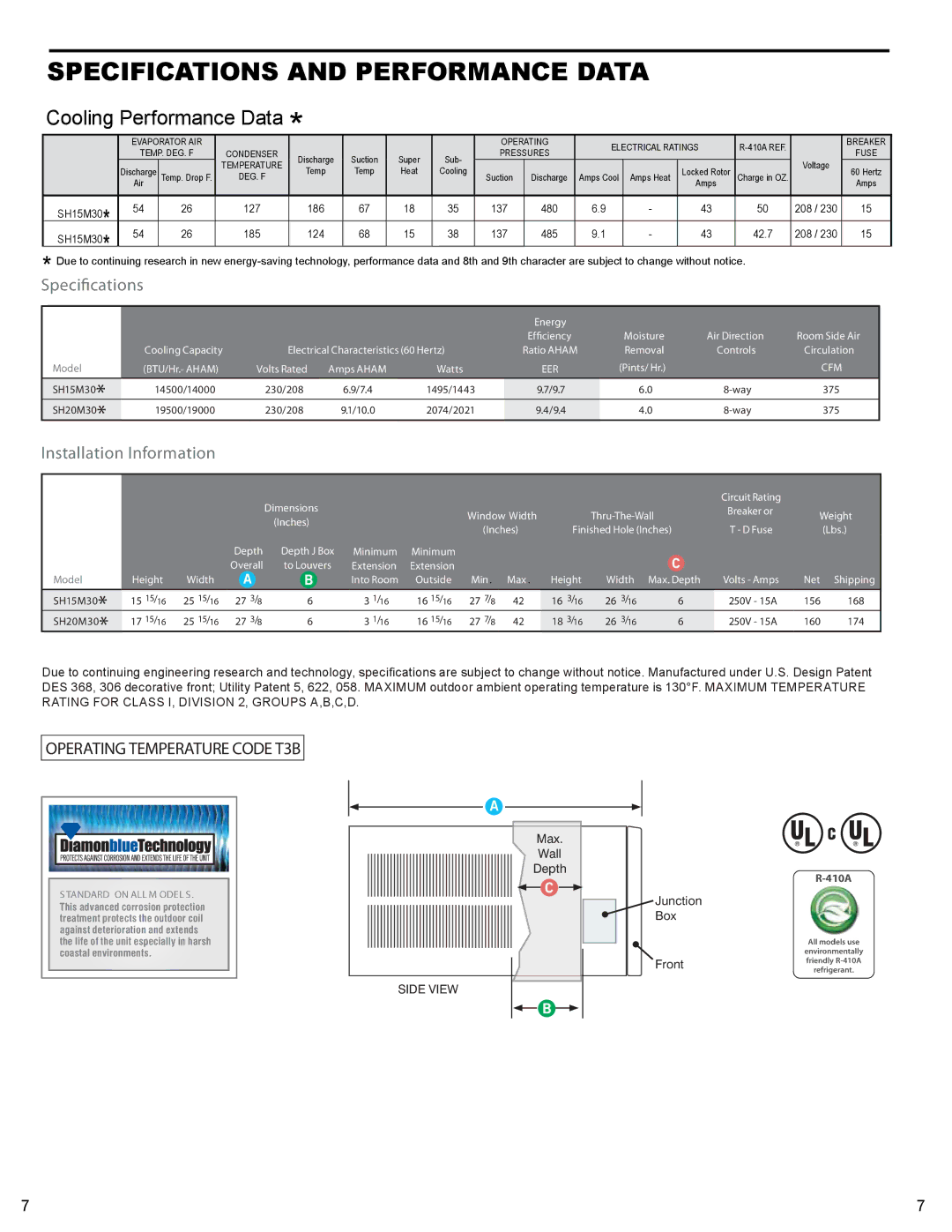 Friedrich R-410A service manual Specifications and Performance Data, Cooling Performance Data 