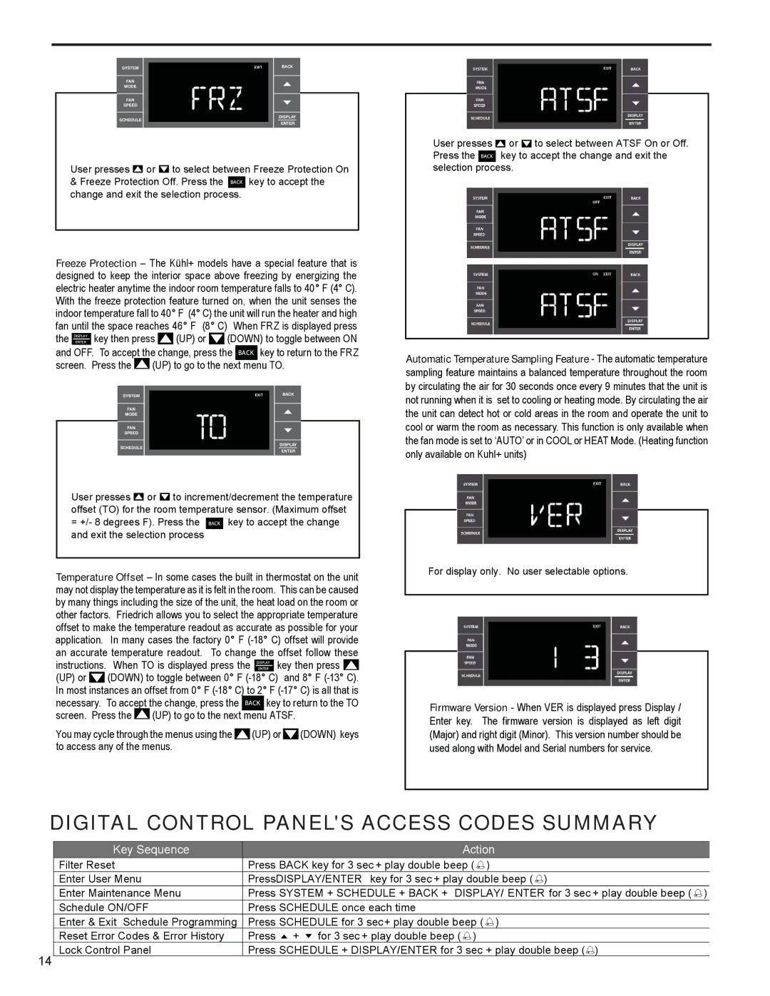 Friedrich R-410A service manual Digital Control Panels Access Codes Summary, Key Sequence Action 