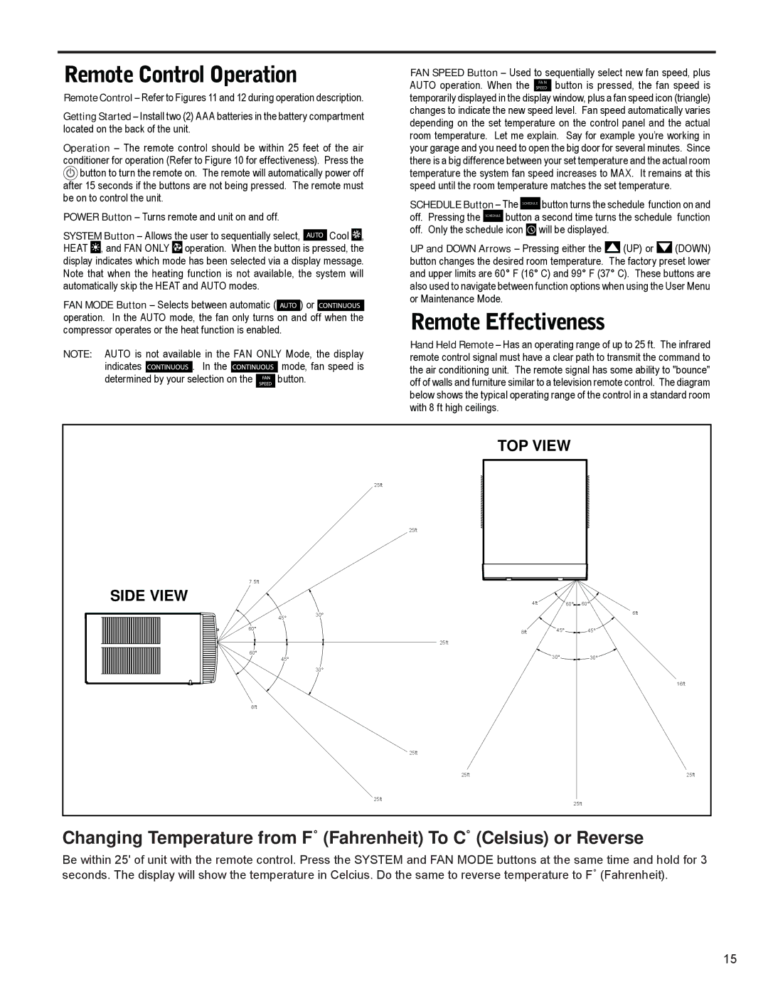 Friedrich R-410A service manual Remote Control Operation 