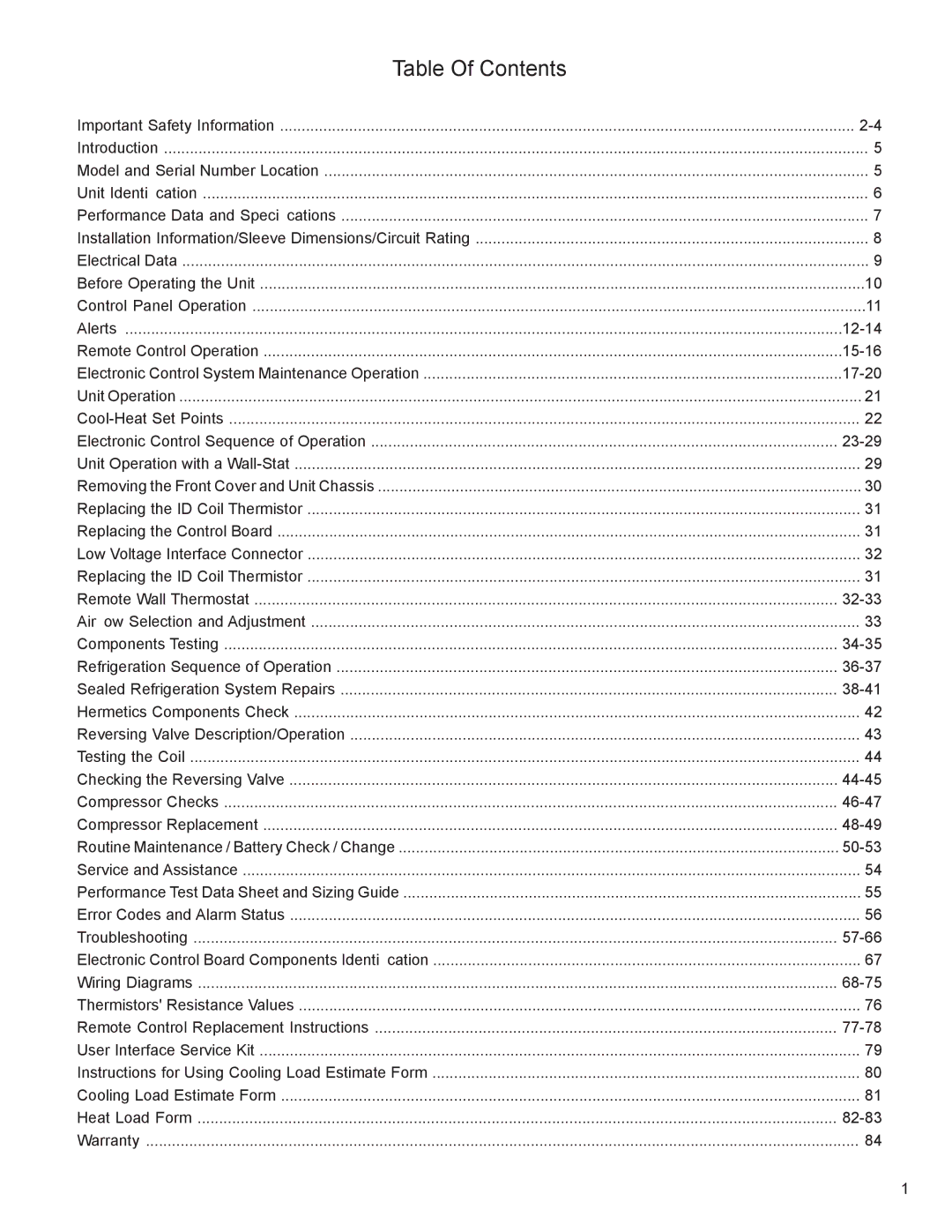 Friedrich R-410A service manual Table Of Contents 