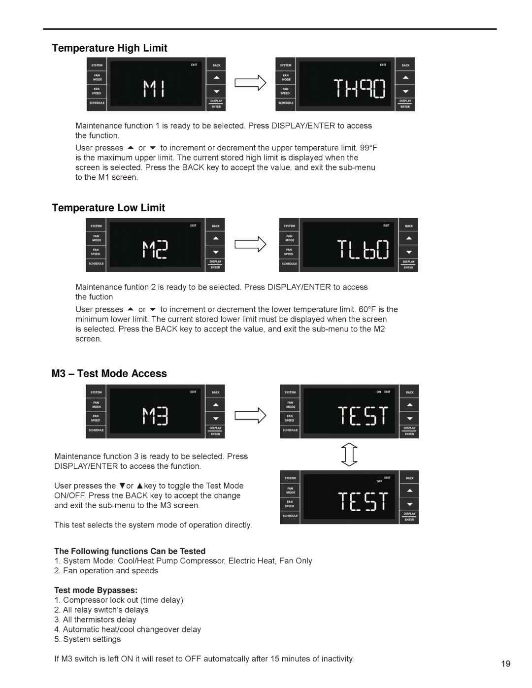 Friedrich R-410A service manual Following functions Can be Tested, Test mode Bypasses 