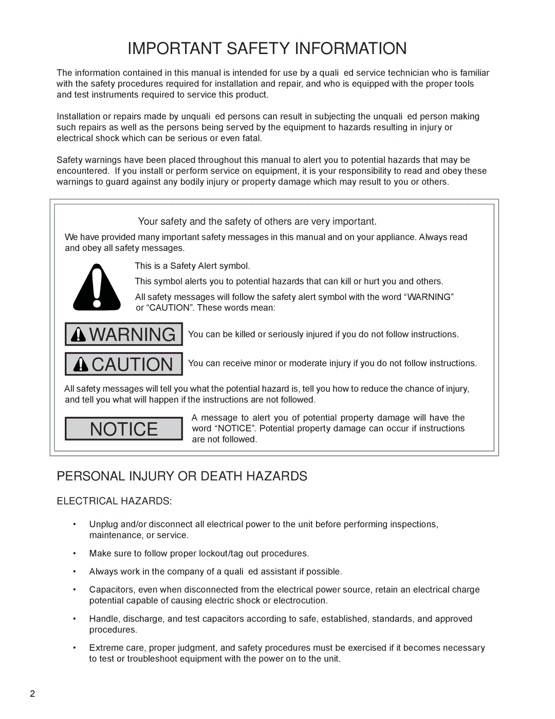 Friedrich R-410A service manual Important Safety Information, Your safety and the safety of others are very important 