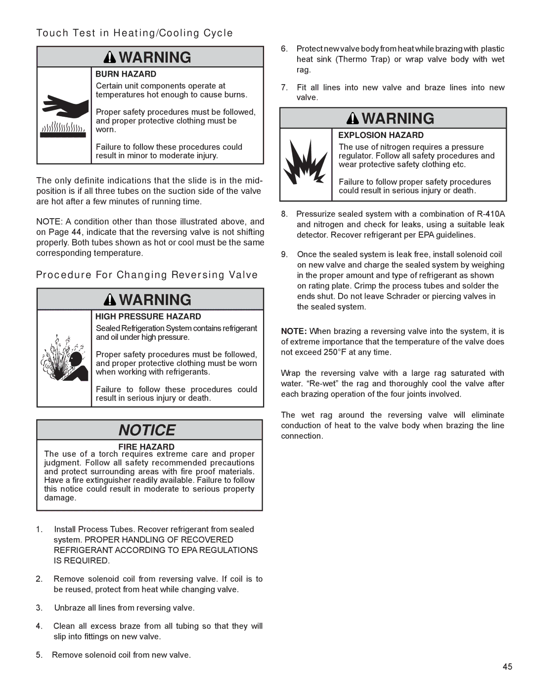 Friedrich R-410A Touch Test in Heating/Cooling Cycle, Procedure For Changing Reversing Valve, Explosion Hazard 
