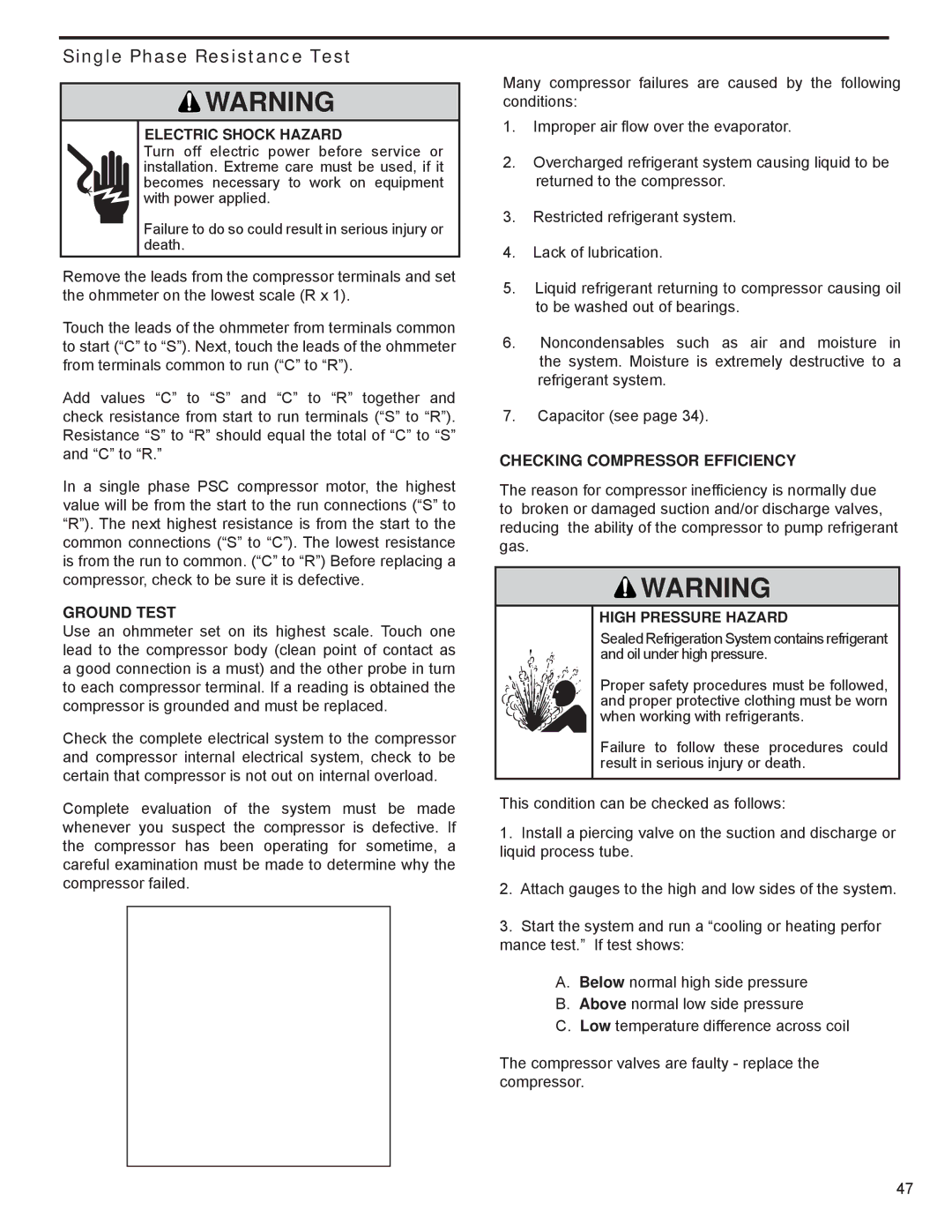 Friedrich R-410A service manual Single Phase Resistance Test, Ground Test, Checking Compressor Efficiency 