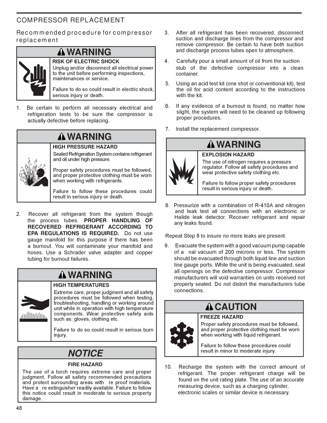 Friedrich R-410A service manual Compressor Replacement, Recommended procedure for compressor replacement, High Temperatures 