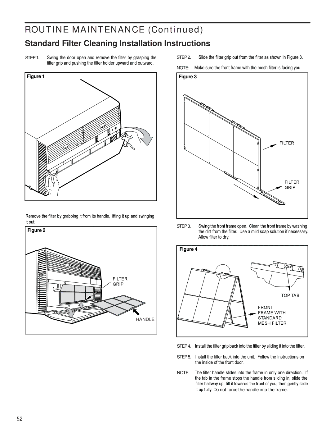 Friedrich R-410A service manual Standard Filter Cleaning Installation Instructions 