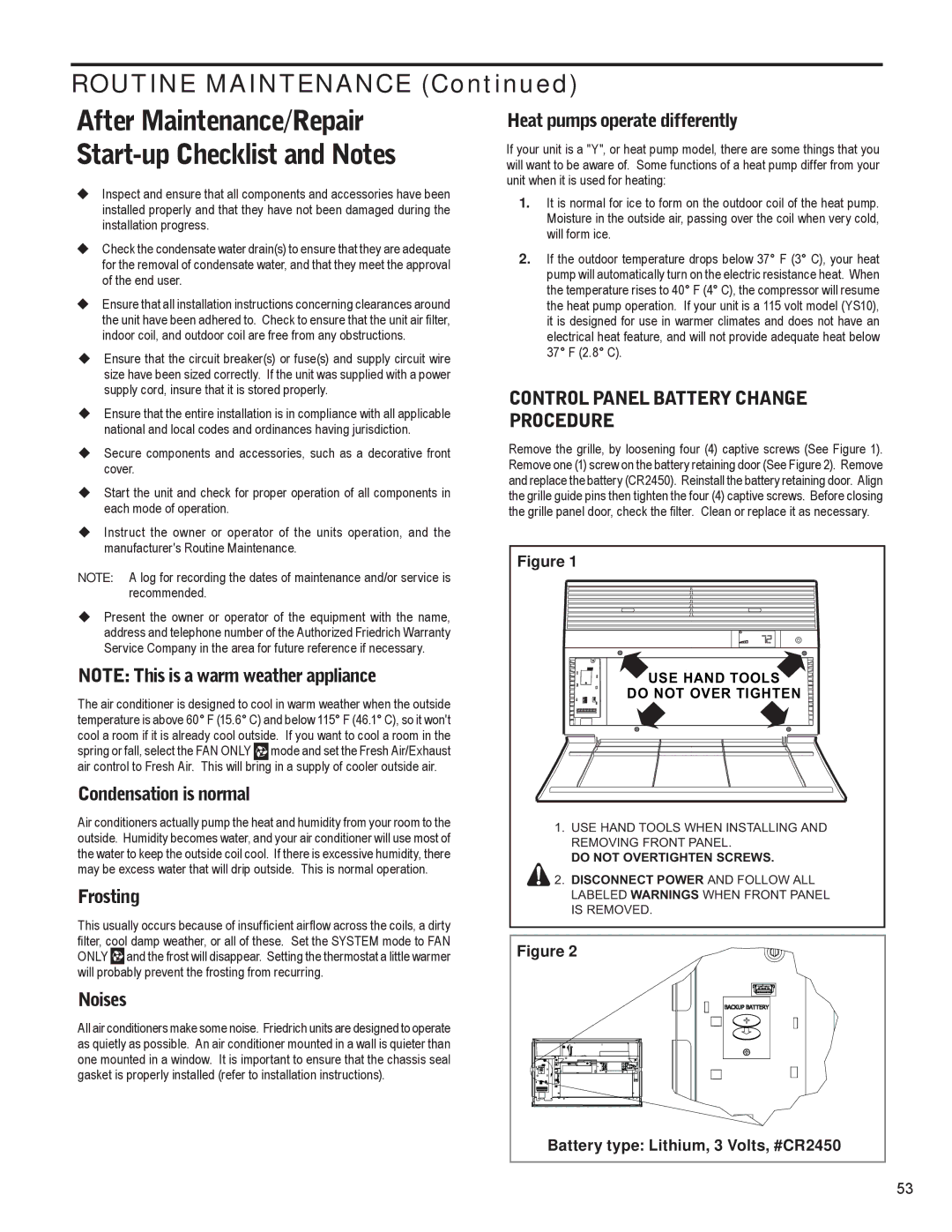 Friedrich R-410A service manual Control Panel Battery Change Procedure, Battery type Lithium, 3 Volts, #CR2450 