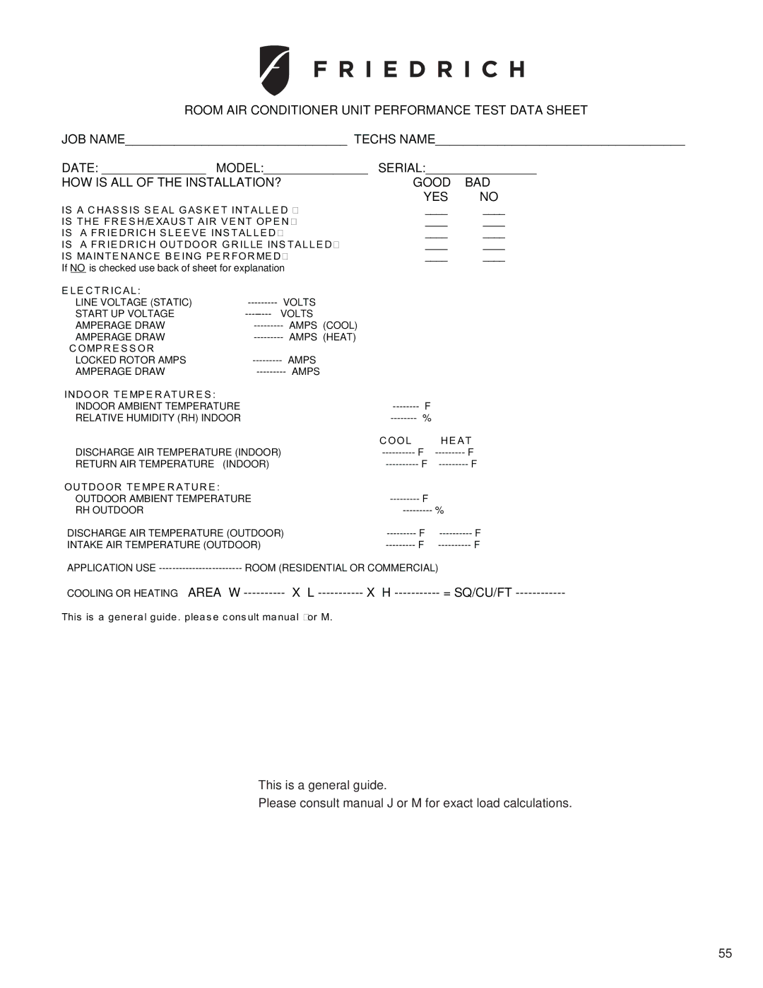 Friedrich R-410A service manual Room AIR Conditioner Unit Performance Test Data Sheet 