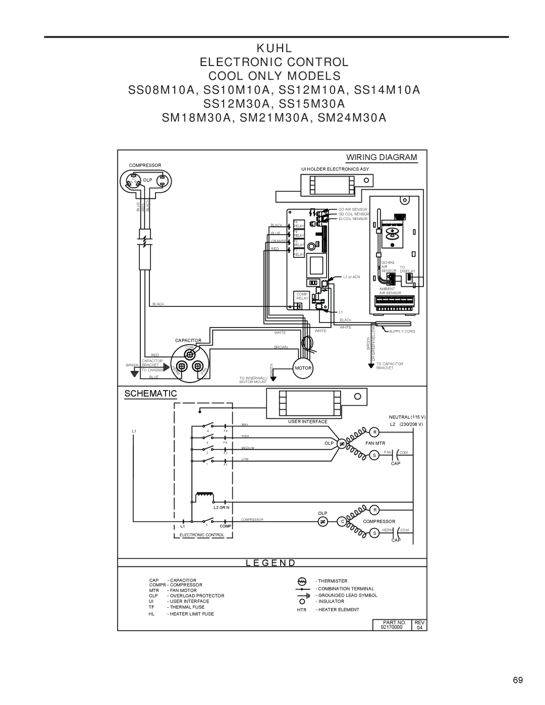 Friedrich R-410A service manual Kuhl Electronic Control Cool only Models, Schematic 