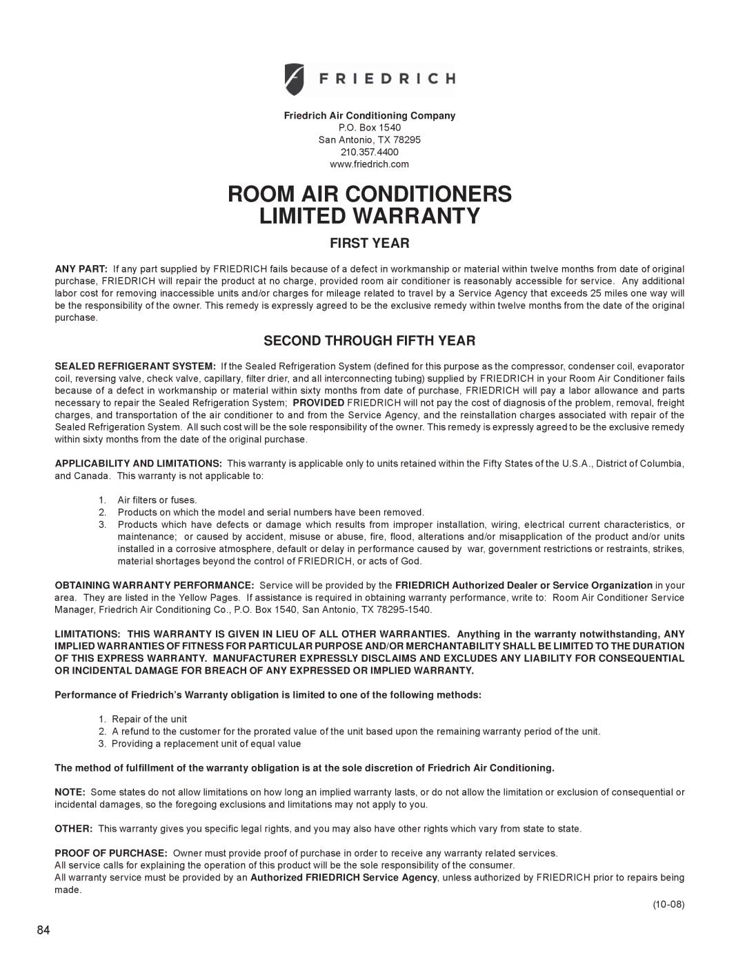 Friedrich R-410A service manual Room AIR Conditioners Limited Warranty 