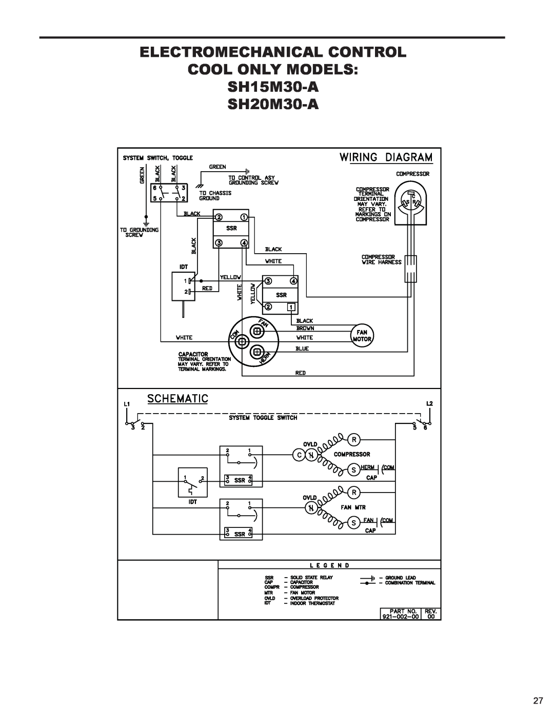 Friedrich R-410A service manual Electromechanical Control Cool Only Models, SH15M30-A SH20M30-A 