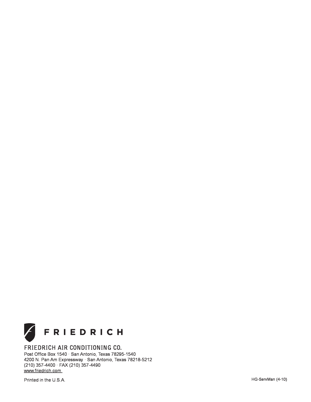 Friedrich R-410A service manual Friedrich Air Conditioning Co, Post Office Box 1540 · San Antonio, Texas, HG-ServMan 