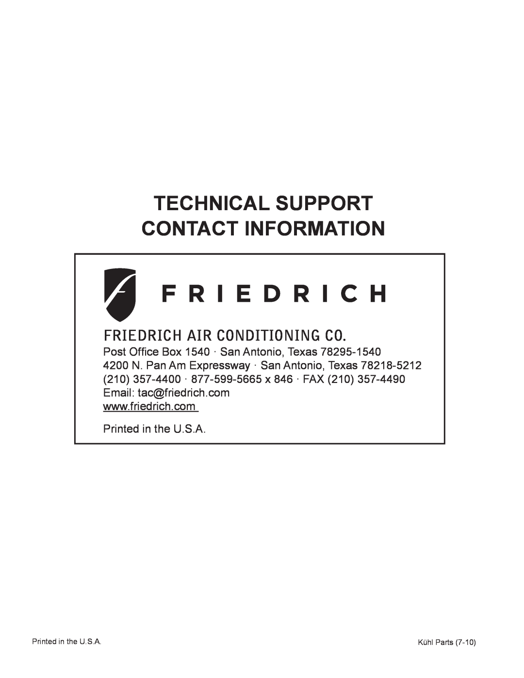 Friedrich R-410A manual Technical Support Contact Information, Friedrich Air Conditioning Co 