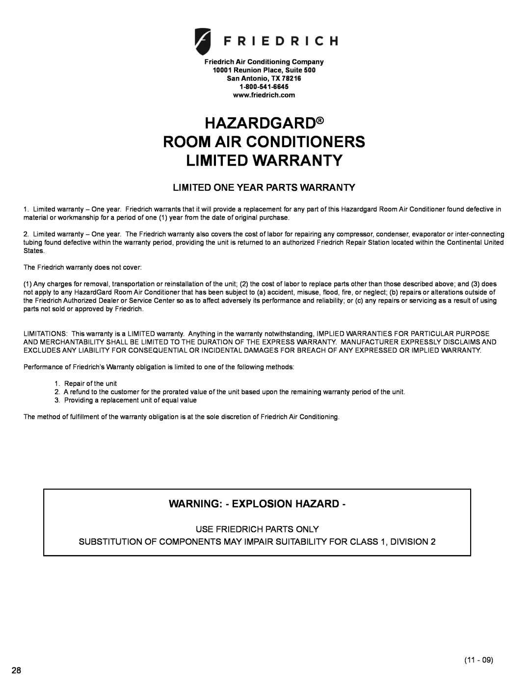 Friedrich R-410A service manual Hazardgard Room Air Conditioners Limited Warranty, Friedrich Air Conditioning Company 