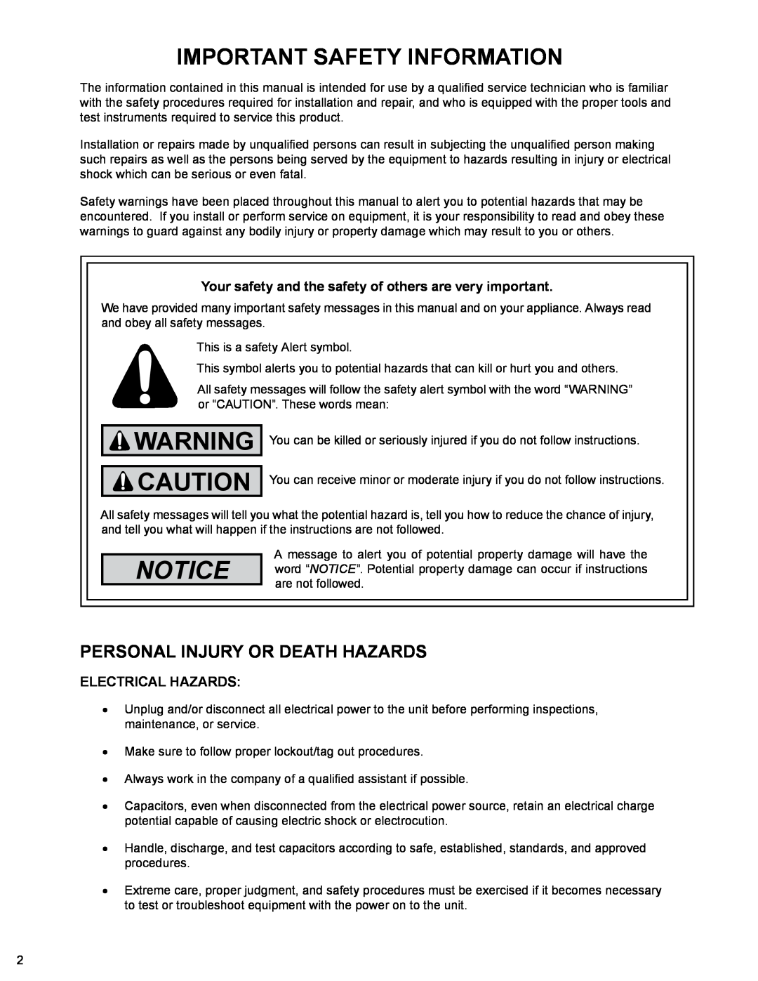 Friedrich R-410A service manual Important Safety Information, Personal Injury Or Death Hazards, Notice 