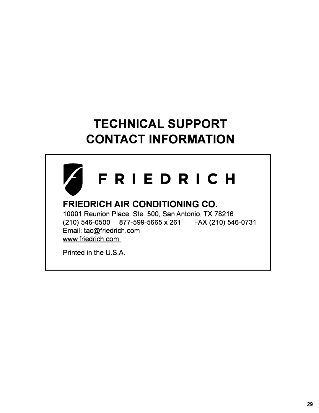 Friedrich R-410A service manual Technical Support Contact Information, Friedrich Air Conditioning Co 