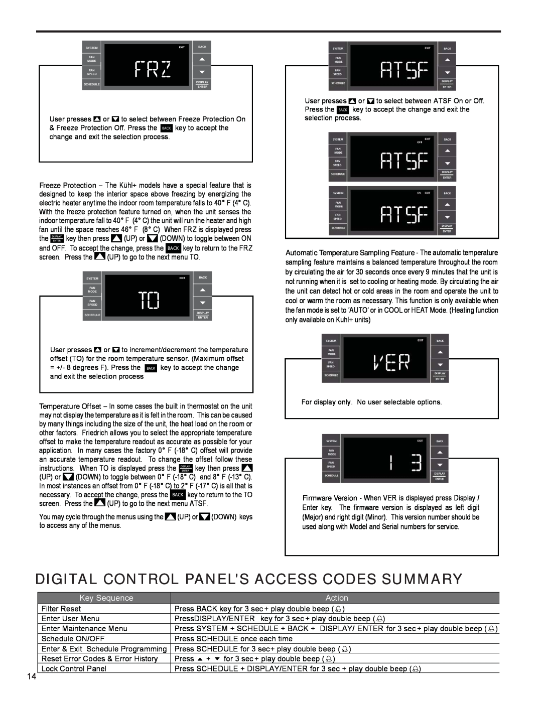 Friedrich R-410A service manual Digital Control Panels Access Codes Summary, Key Sequence, Action 