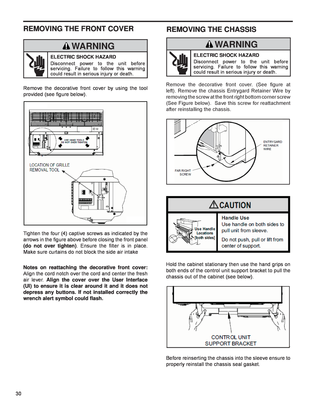 Friedrich R-410A service manual Removing The Front Cover, Removing The Chassis, Electric Shock Hazard 