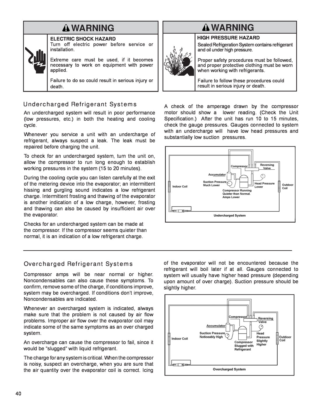 Friedrich R-410A service manual Undercharged Refrigerant Systems, Overcharged Refrigerant Systems, Electric Shock Hazard 