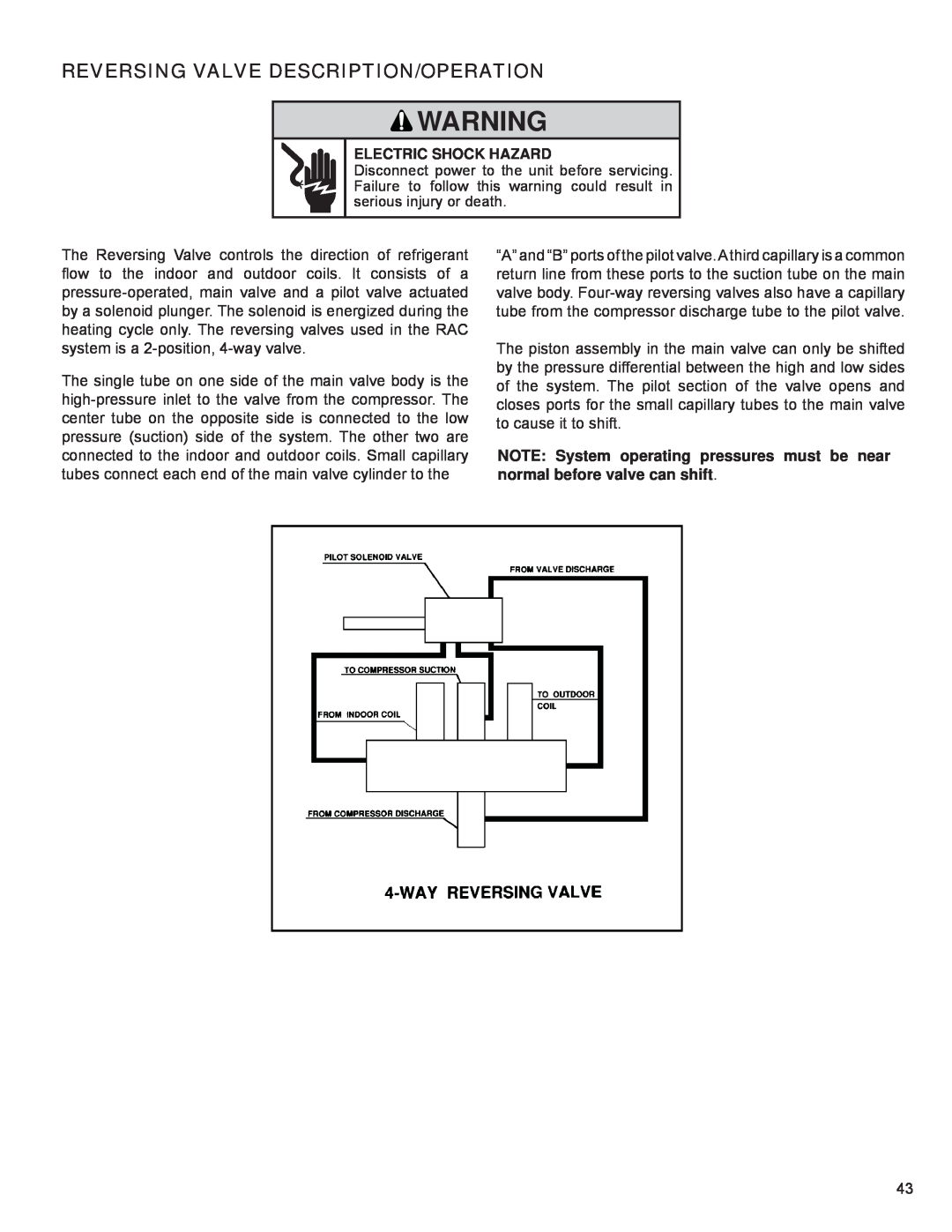 Friedrich R-410A service manual Reversing Valve Description/Operation, Electric Shock Hazard 