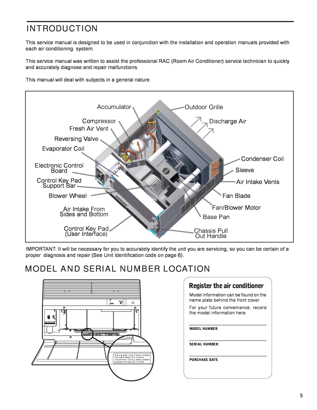 Friedrich R-410A service manual Introduction, Model And Serial Number Location, Register the air conditioner 
