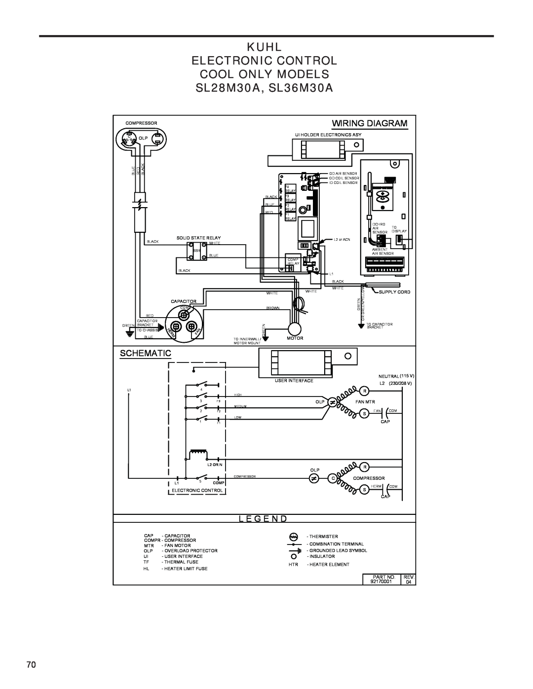 Friedrich R-410A SL28M30A, SL36M30A, Kuhl Electronic Control Cool Only Models, Wiring Diagram, Schematic, L E G E N D 