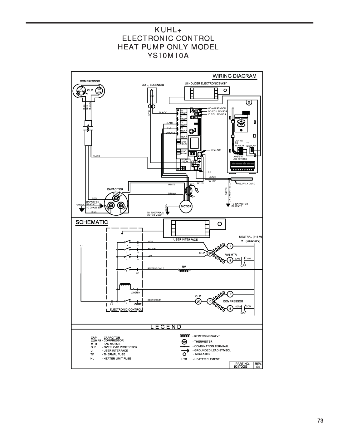 Friedrich R-410A service manual Kuhl+ Electronic Control Heat Pump Only Model, YS10M10A, Schematic, L E G E N D 