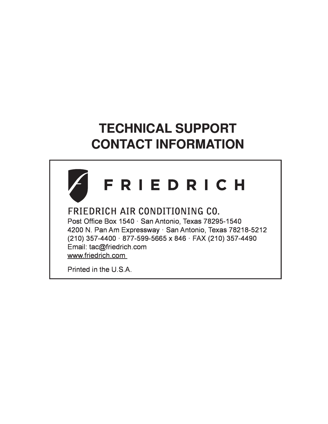 Friedrich R-410A service manual Friedrich Air Conditioning Co, Technical Support Contact Information 