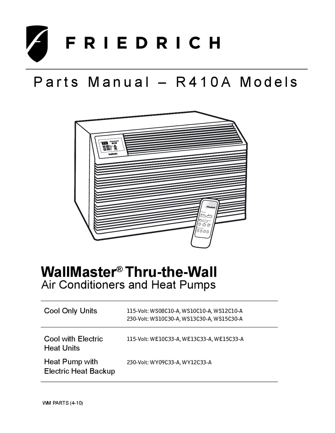 Friedrich R410A manual WallMaster Thru-the-Wall 