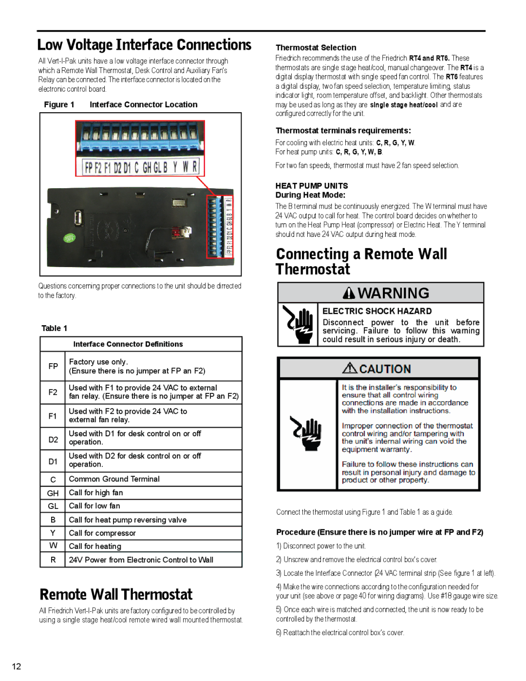 Friedrich R410A manual Low Voltage Interface Connections, Electric Shock Hazard 