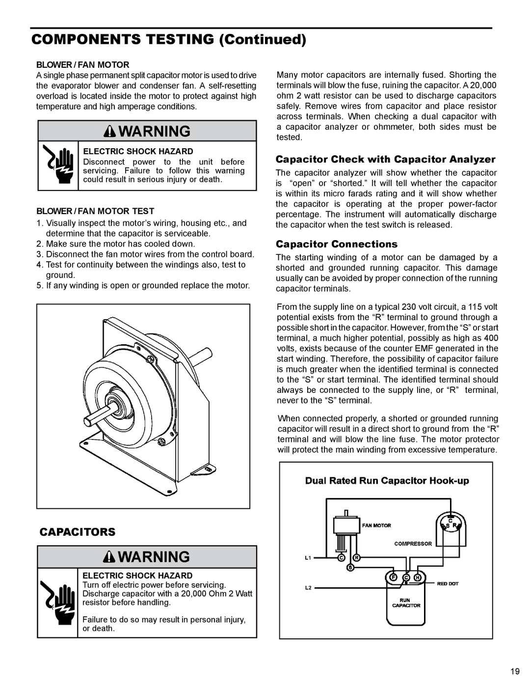 Friedrich R410A manual Capacitor Check with Capacitor Analyzer, Capacitor Connections, Blower / FAN Motor 