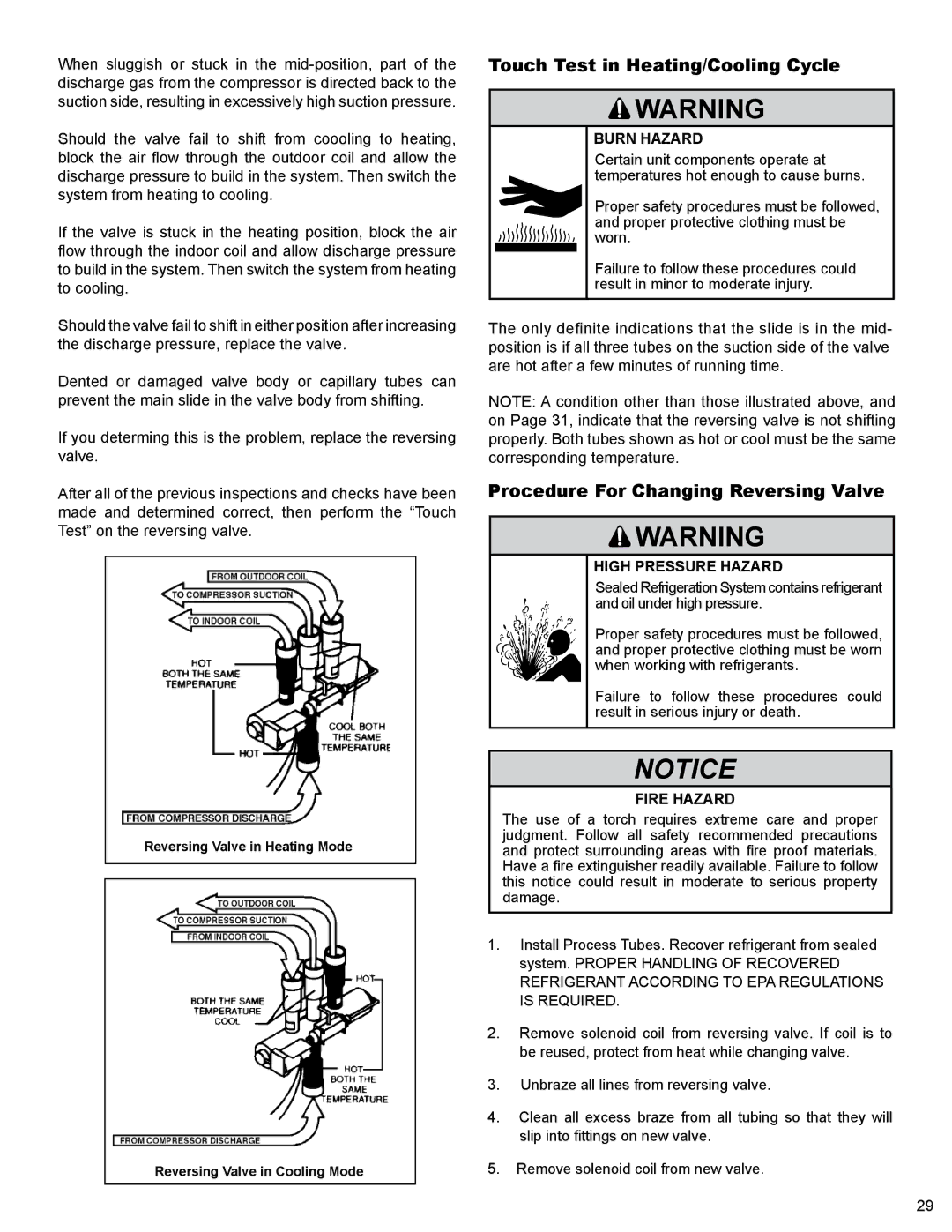 Friedrich R410A manual Touch Test in Heating/Cooling Cycle, Procedure For Changing Reversing Valve, Fire Hazard 