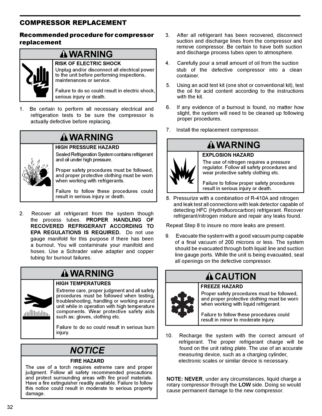 Friedrich R410A manual Recommended procedure for compressor replacement, High Temperatures 